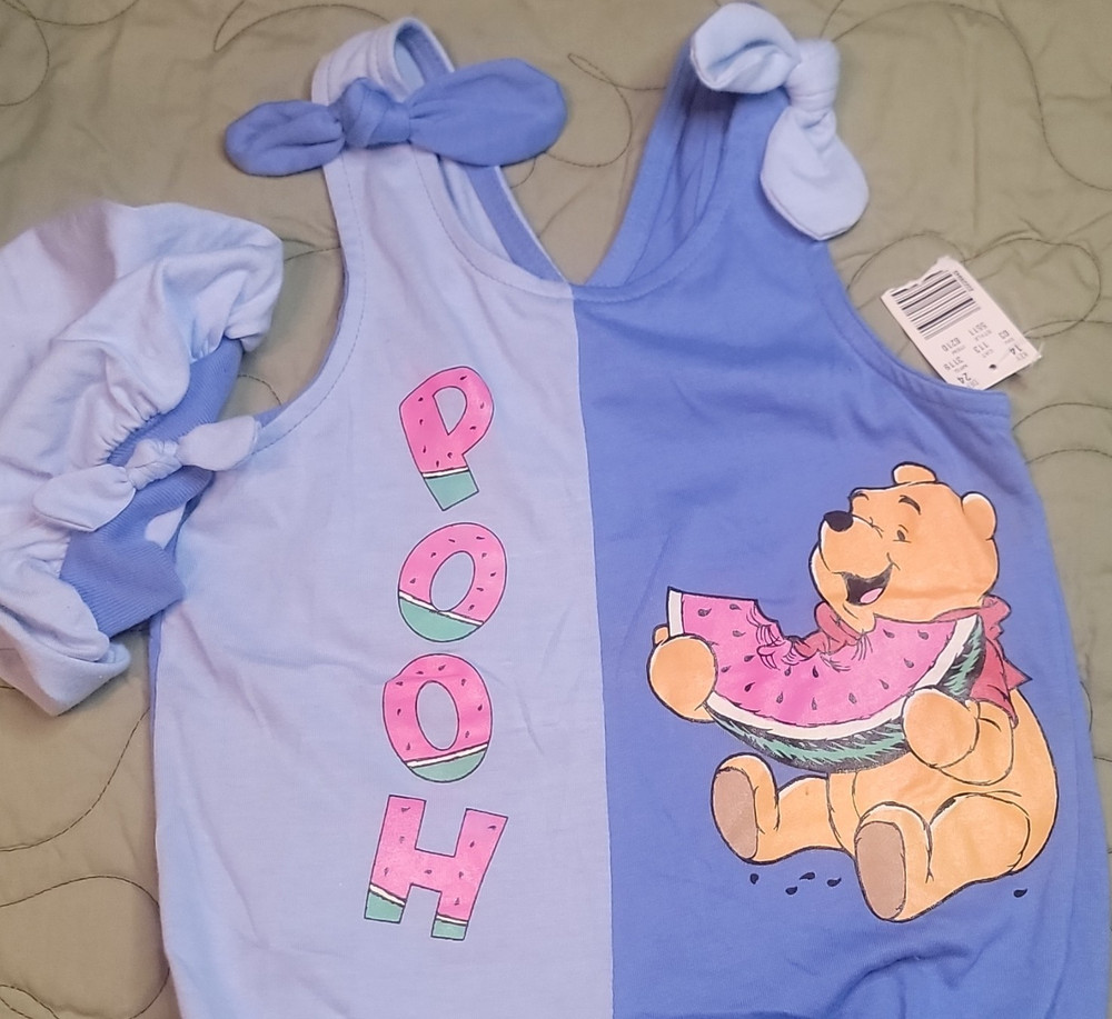 Disney Winnie the Pooh Girls Blue  Romper Sleeveless Bow Snap 6/9m with hat