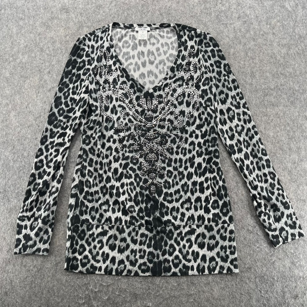 Cache Jersey Stretch Top Animal Leopard Print Embellished Crystals Y2k Blouse M