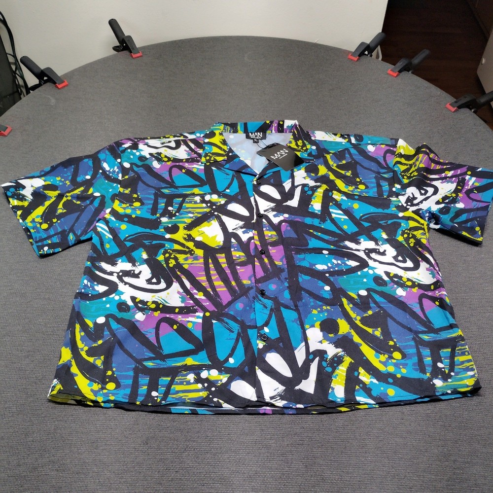 BooHoo MAN NWT Mens XL Abstract Graffiti Print SS Button Down Poplin Shirt Multi-image