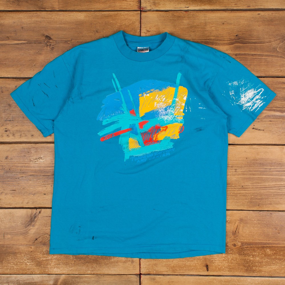 Vintage Oneita Single Stitch T Shirt Graphic Large 90s USA Made Abstract Blue-image