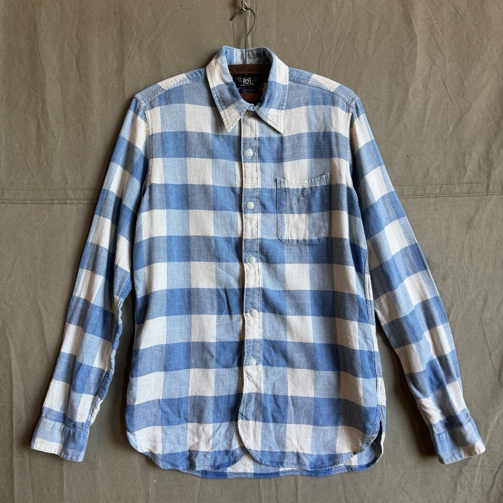 RRL Ralph Lauren Work Shirt Plaid Cotton Linen Single Pocket Sz Small Blue