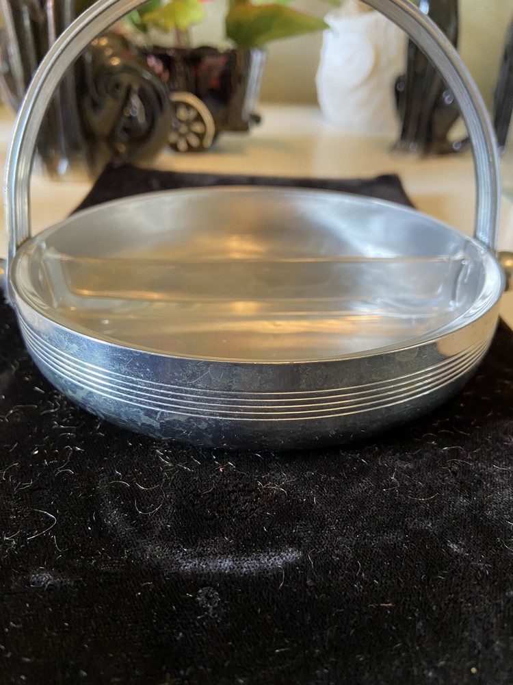 MCM ART DECO CHASE STAINLESS STEEL RELISH CANDY DISH/ DIVIDED GLASS INSERT