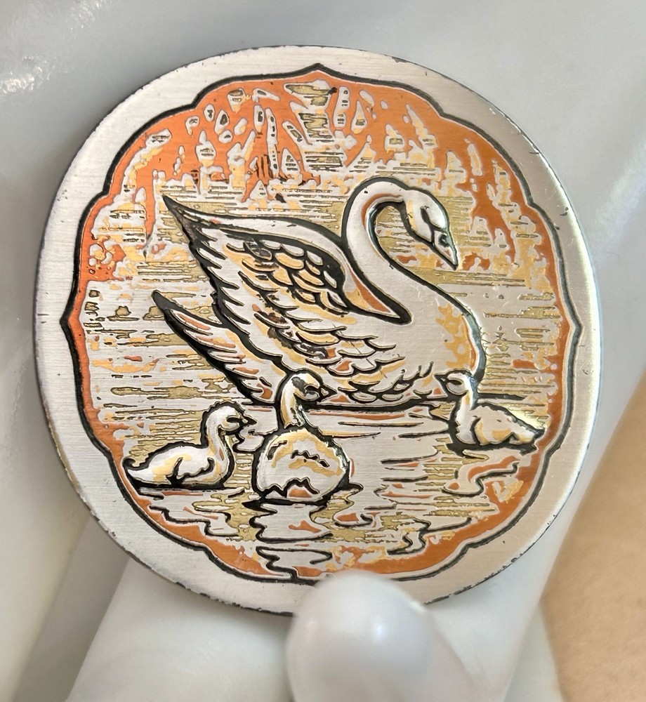 Vintage Reed & Barton Damascene Brooch/Pendant - Swan & Babies