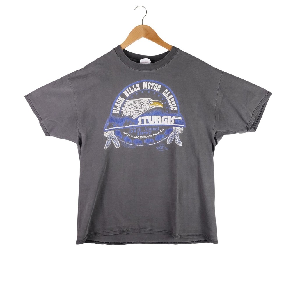 Vintage 1997 Sturgis Motorcycle Rally T-Shirt Hanes Beefy-T Distressed XL Gray