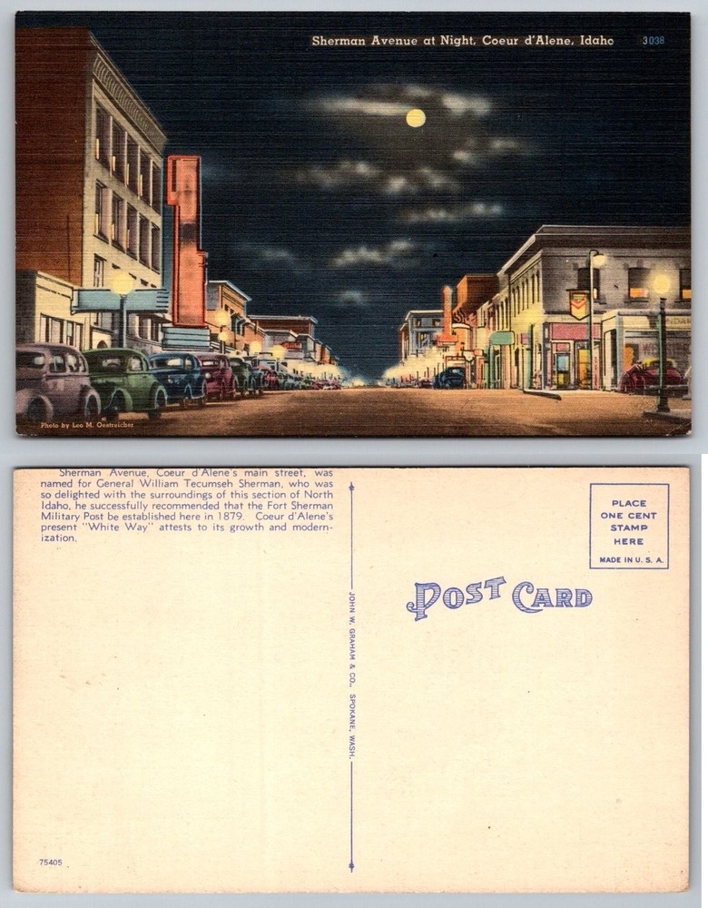Vintage Linen Postcard Sherman Avenue Night Coeur d'Alene Idaho Moonlight Cars