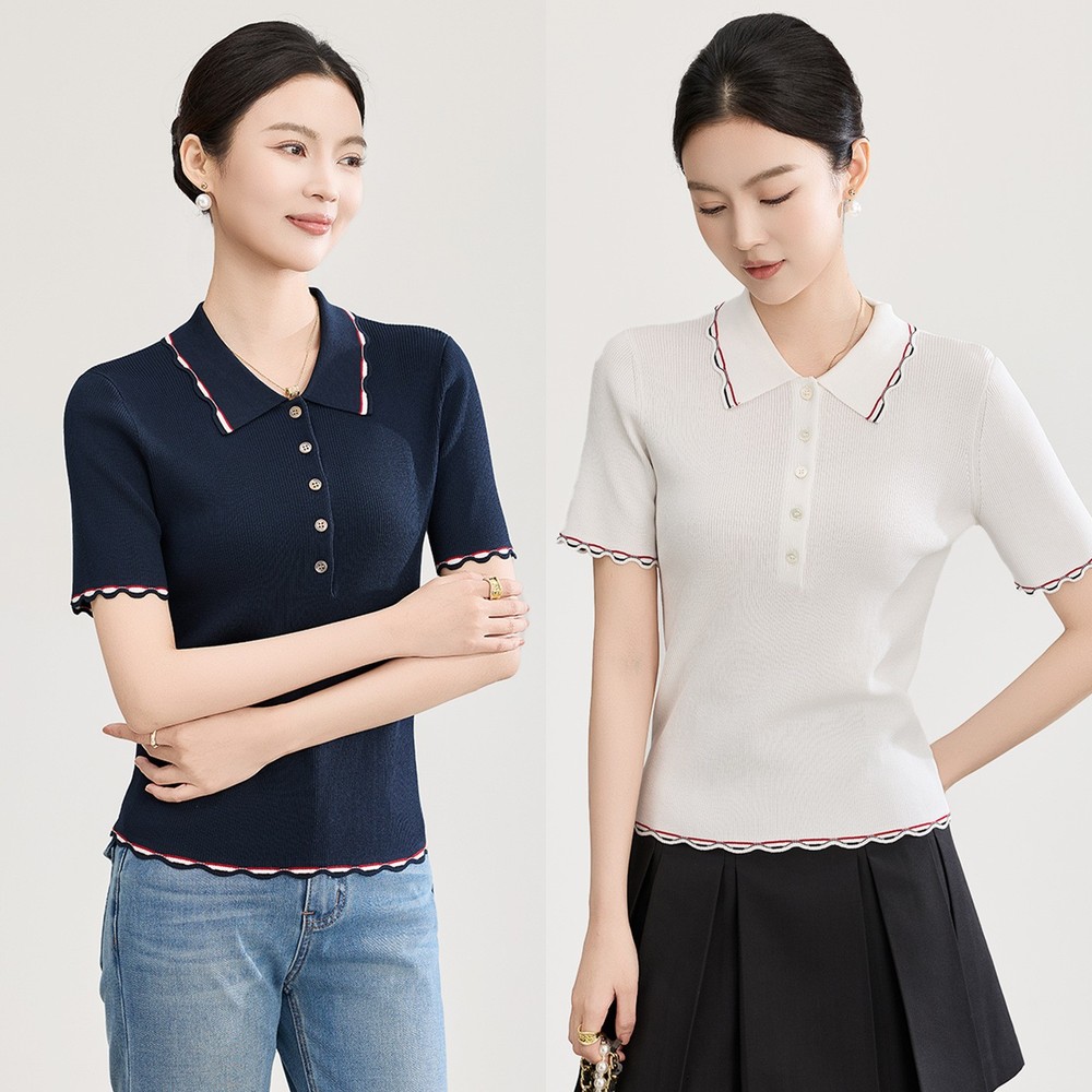 Womens Summer Striped Wool Blend Lapel Collar Shirt Knitted Short Sleeve Blouses