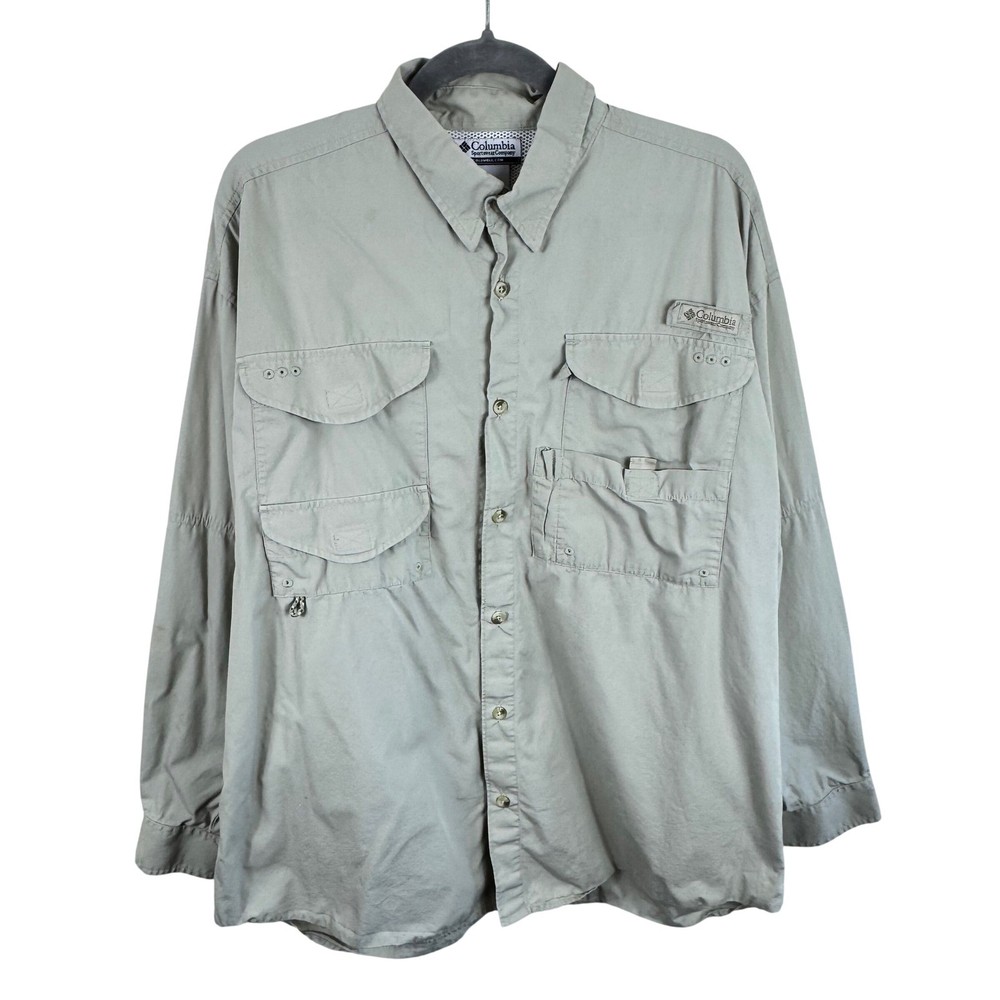 Columbia PFG Mens Large Tan Long Sleeve Vented Fishing Button Down Shirt Khaki