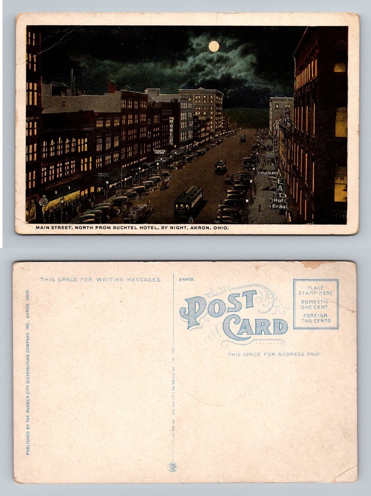 Akron, OH-Ohio, Main Street North From Buchtel Hotel By Night Vintage Postcard