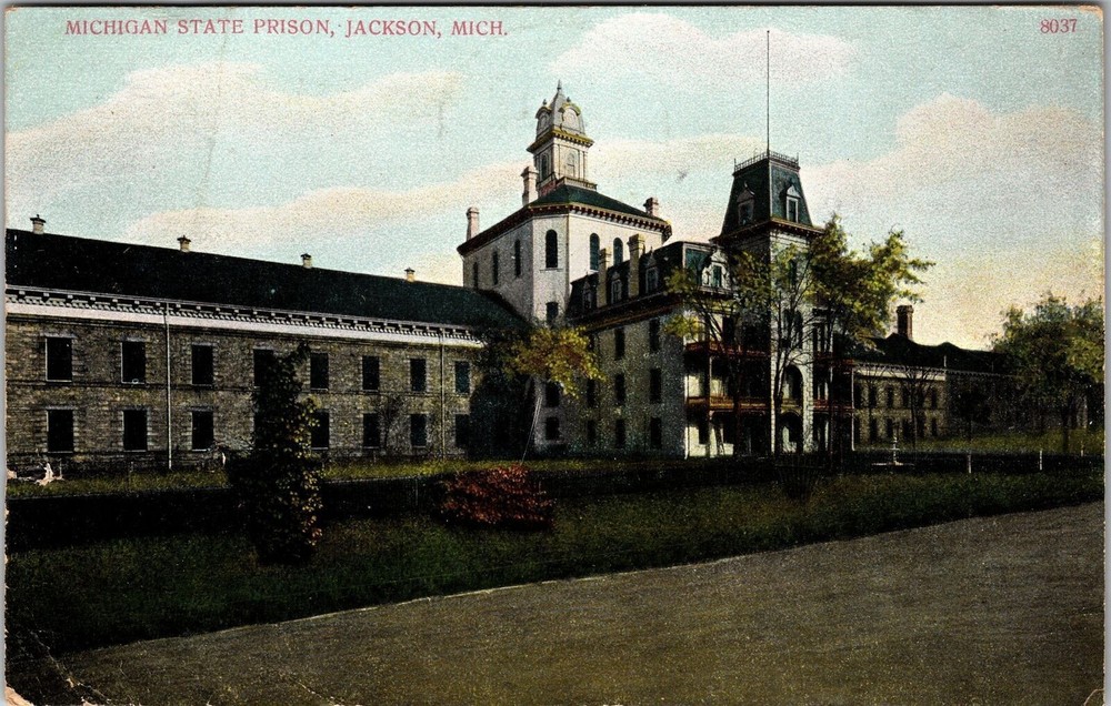Jackson MI-Michigan, State Prison, Exterior, Thin Trees, Vintage Postcard