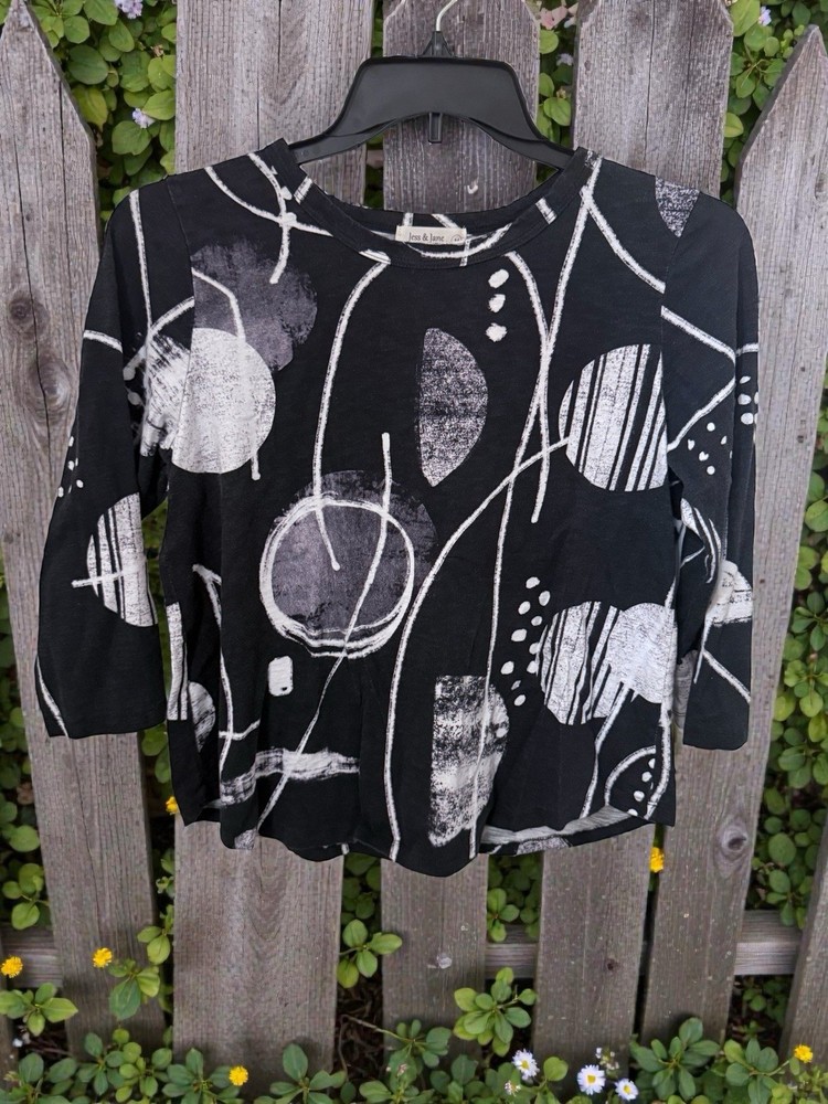 Jess & Jane Black White Abstract Graphic Art Top Medium 3/4 Sleeve Cotton Blouse-image