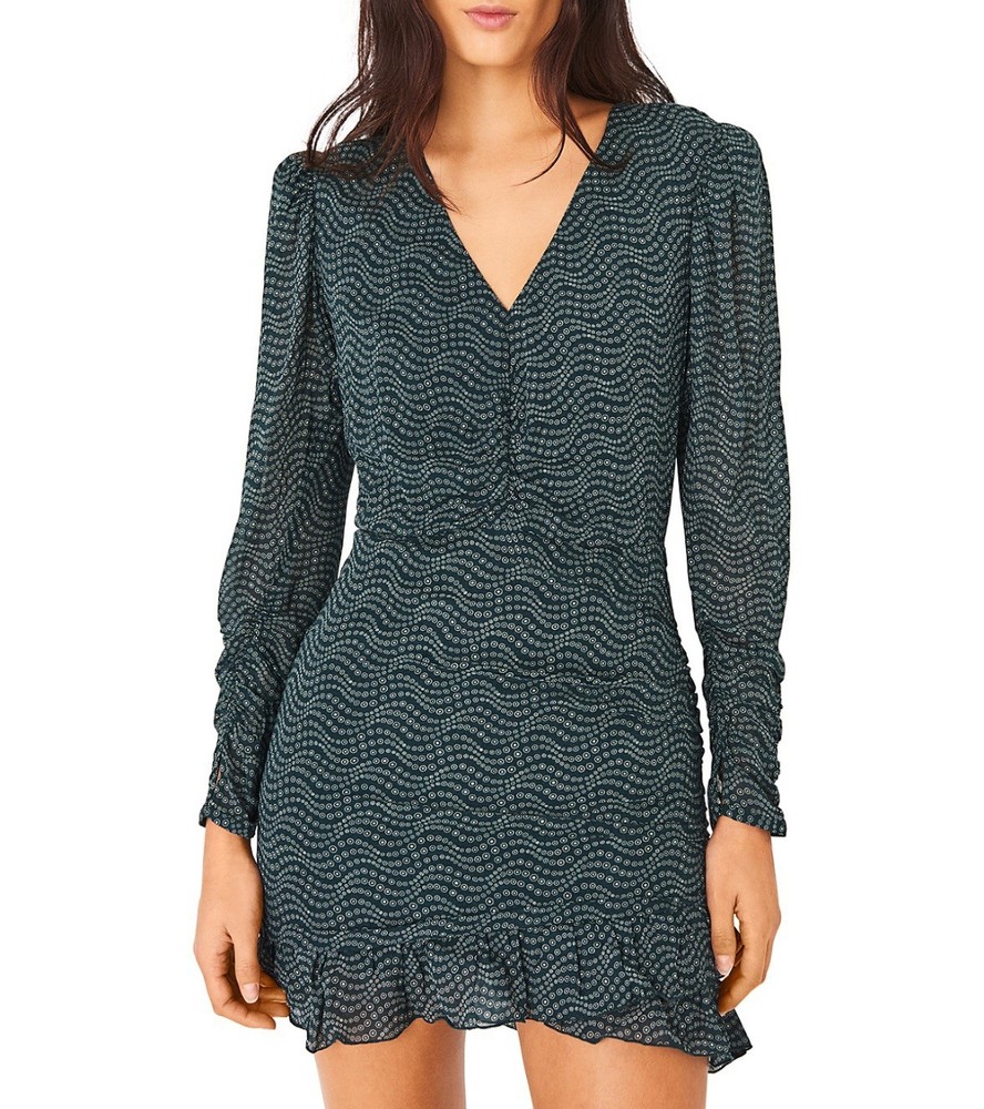 ba&sh Dress green Printed Ruched V-Neck Ruffle Long Sleeve Mini Party Size S