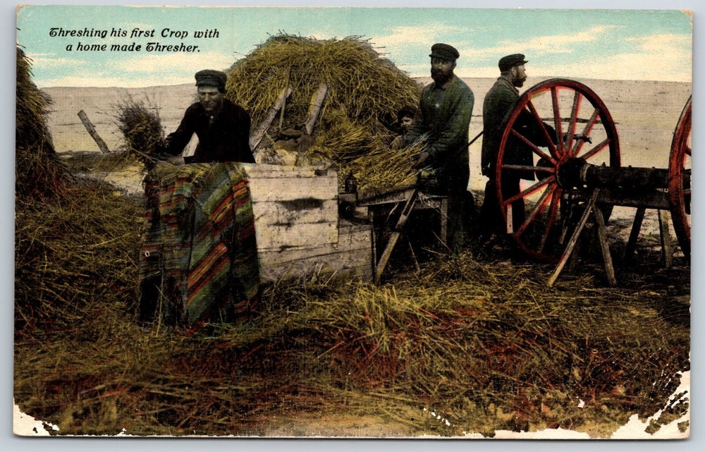 Farming~Threshing His First Grain Crop W/ Home Made Thresher~Vintage Postcard