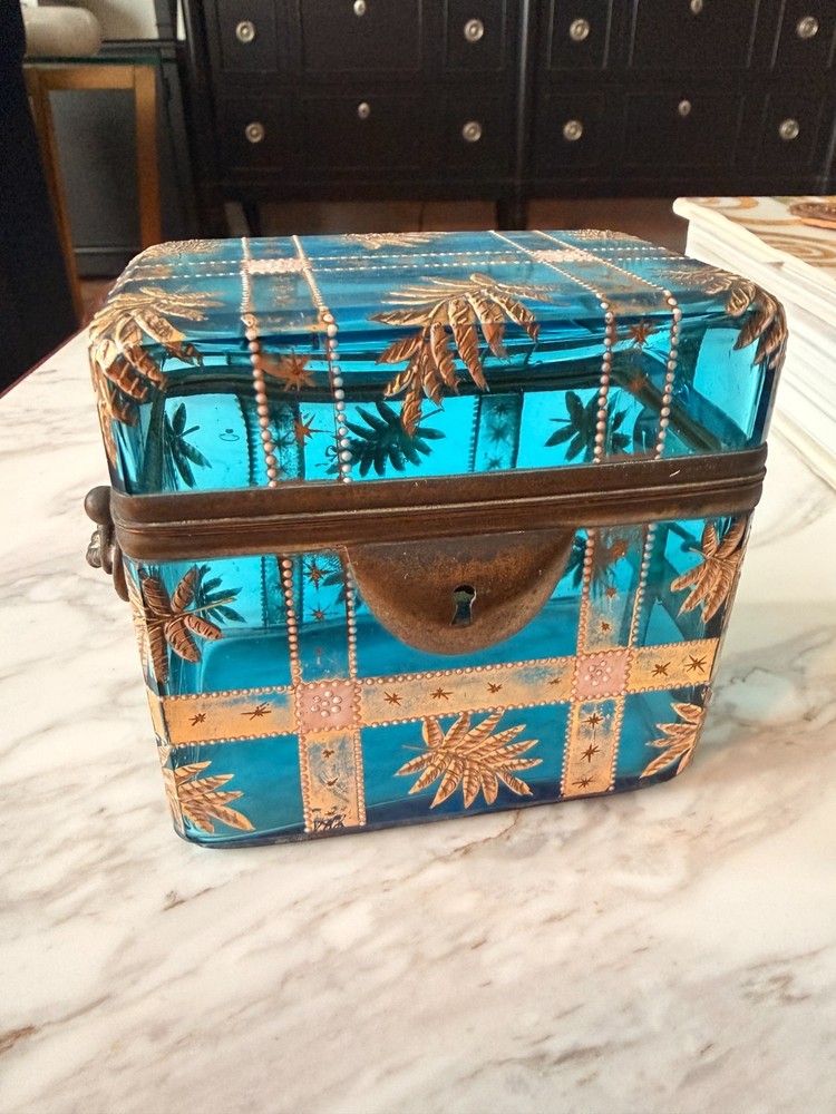 Antique Bohemian Blue Glass Jewelry Casket Box Gold Enamel Victorian Moser Style