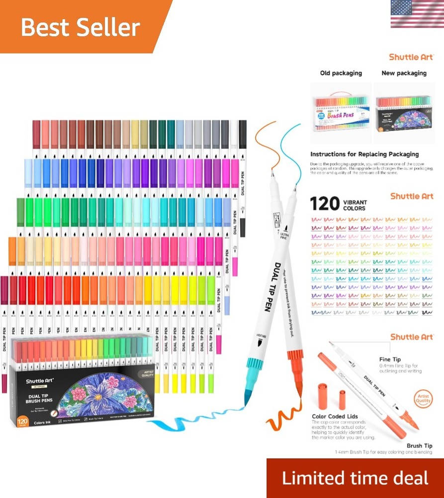 120 Dual Tip Brush & Fineliner Marker Set with Coloring Book for Artists & Adults