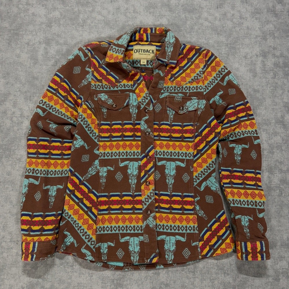 Outback Trading Co Lorelei brown aztec southwestern pearl snap womens Small