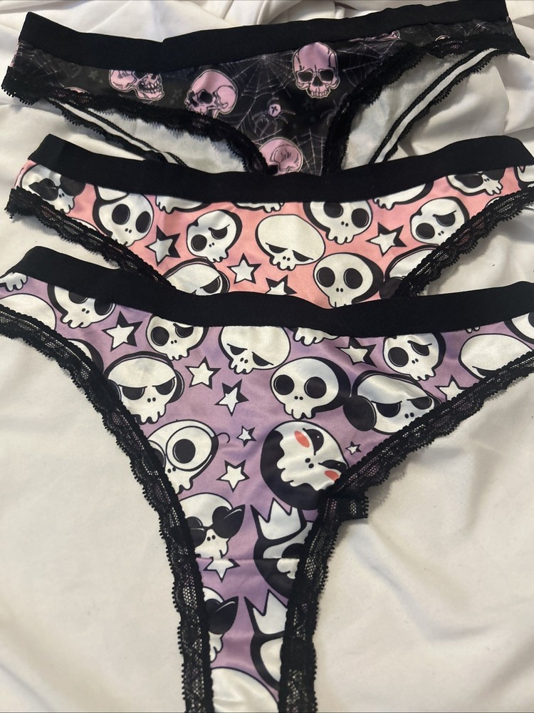 Morvia 3pk lace trim Bikini Goth Skater Emo panties M Skulls Webs Halloween