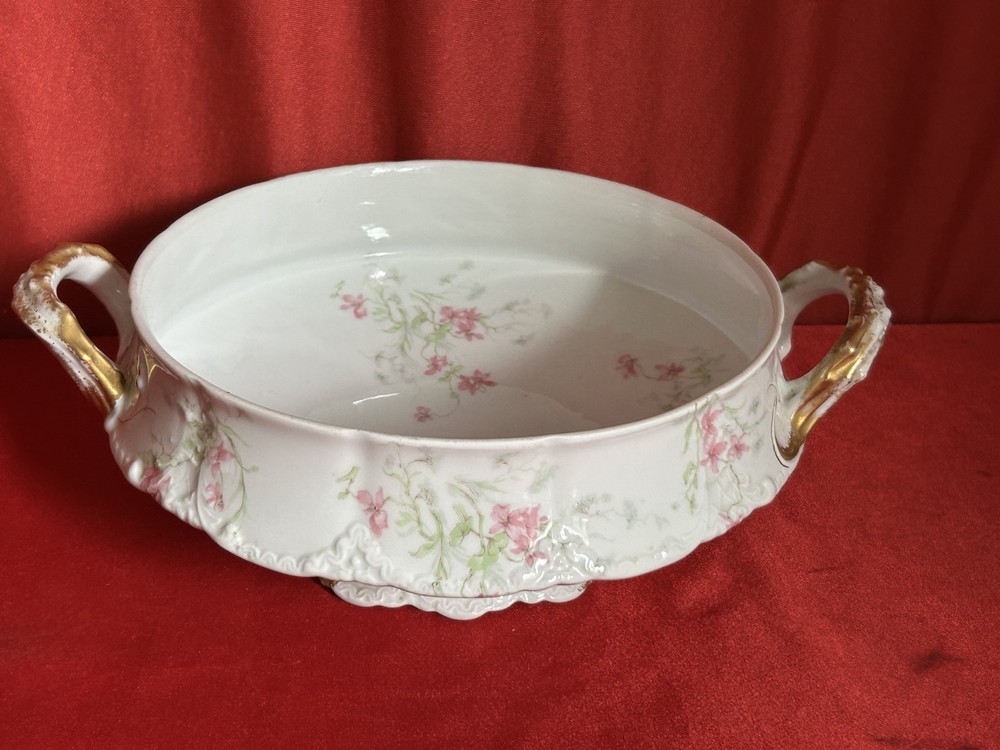 Antique Theodore Haviland Limoges Serving Dish Pink Flowers Gold Round