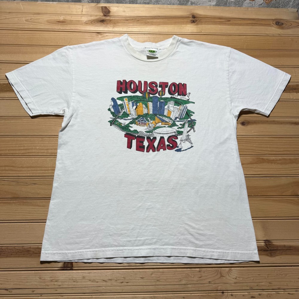 Vintage 90s Houston Texas City Skyline Graphic Vacation Souvenir T-Shirt - XL