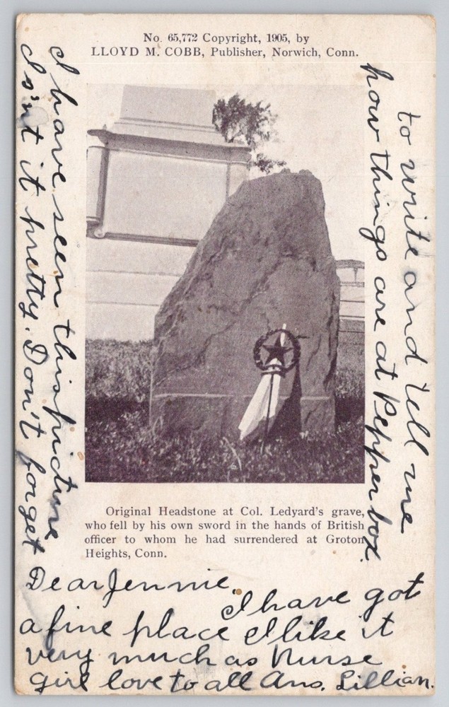 1905 Col. Ledyard's Grave Groton Heights CT Postcard Lloyd M Cobb Norwich