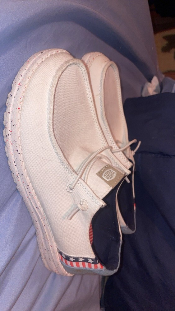 women’s wendy hey dudes size 6 white blue and red