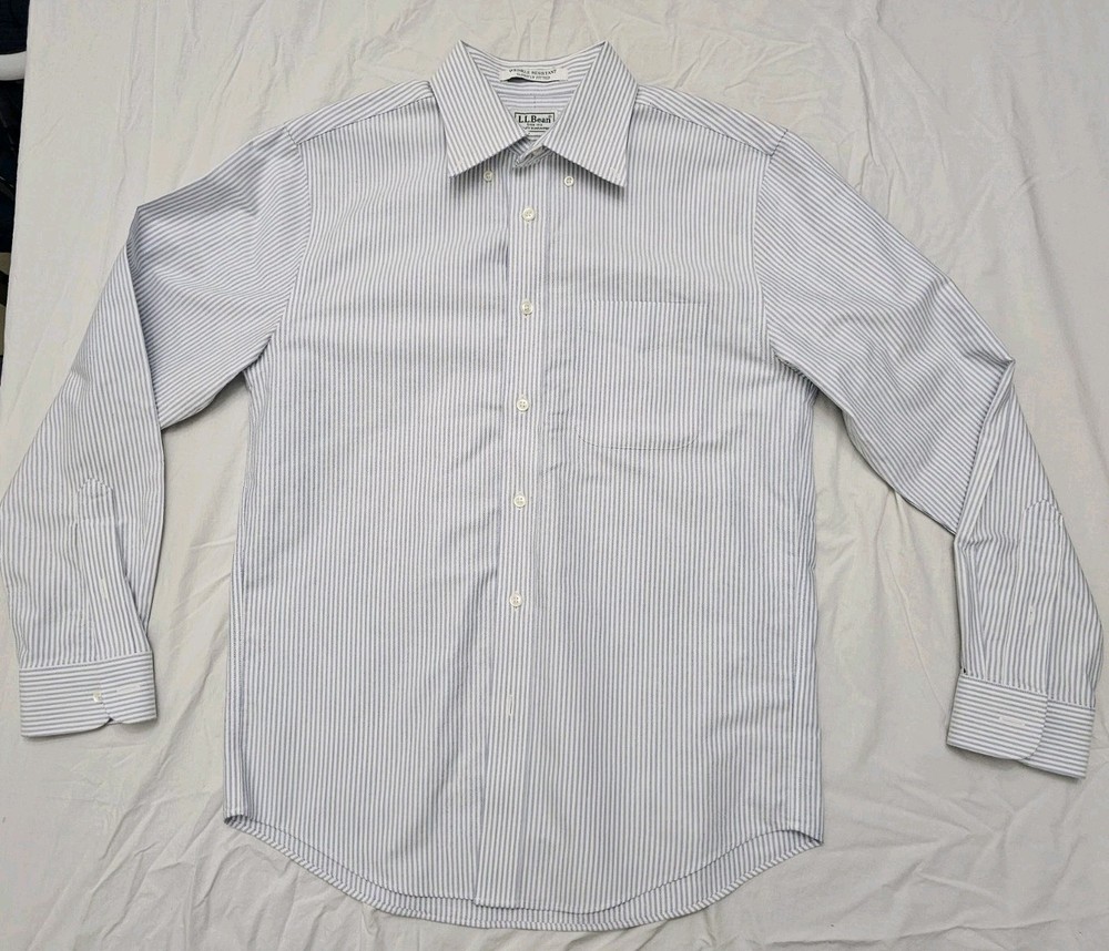 LL Bean Men's Light Blue & White Striped 100% Cotton Shirt Size 14.5x32