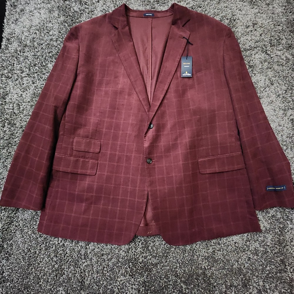 Stafford Corduroy Sport Coat Blazer Men's 56L Burgundy Check Pattern Cotton NWT