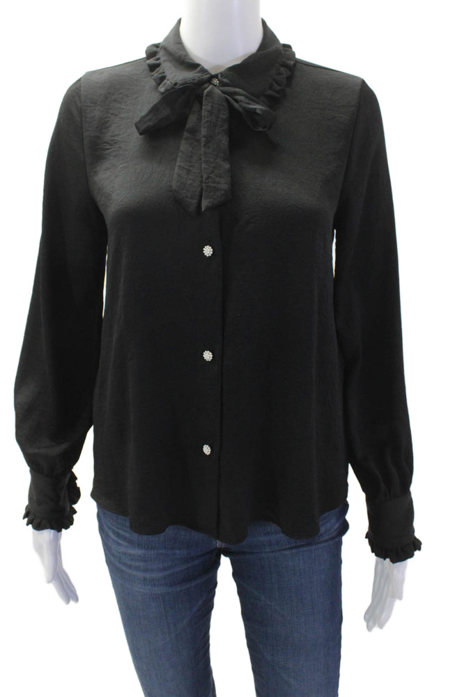 Zara Women Collared Black Button-Up Blouse Long Sleeve Polyester Size XSFree Shipping in US $100+ Orders | $6.95 Orders Below