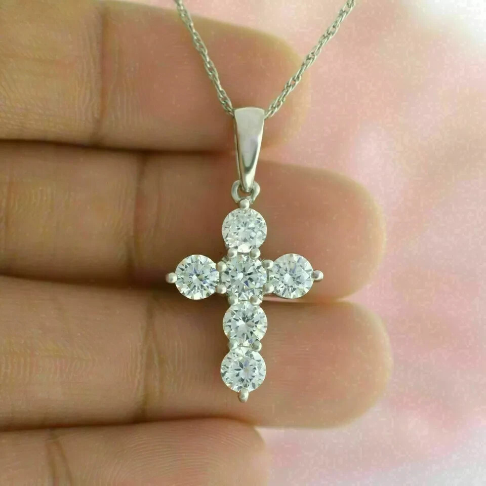 2 Carat Round Cut Diamond Cross Womens Pendant Necklace 14k White Gold Finish