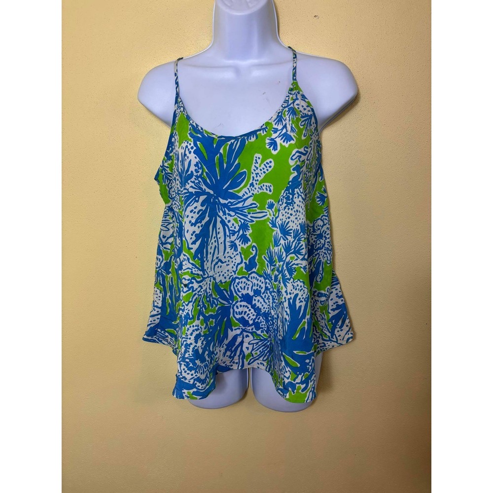 Lilly Pulitzer Women's 100% Silk Sleeveless Tank Top Blue Green Floral Print M