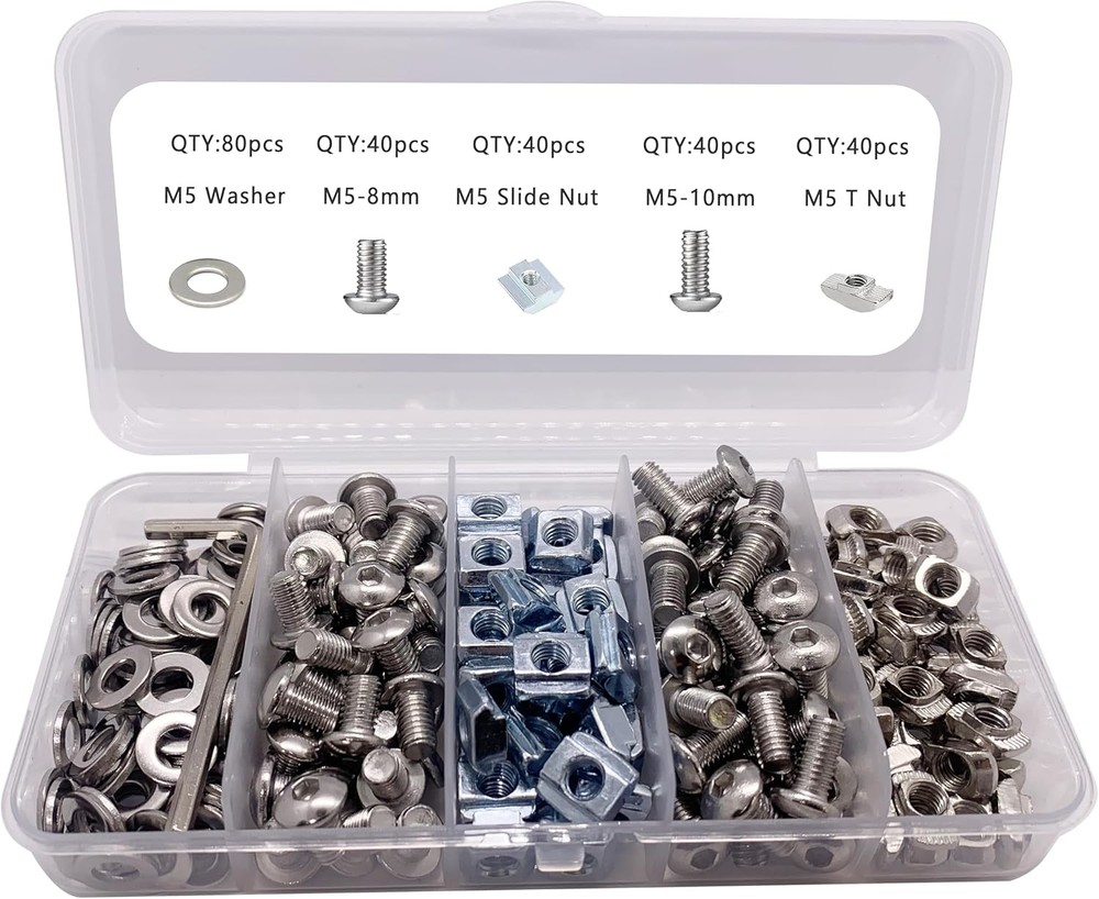 200pcs M5 T-Nuts Screws Kit for 2020 2040 8020 Series Aluminum M5, Silver