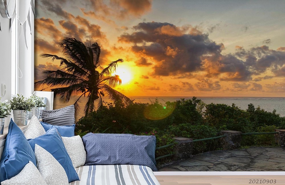 3D Sunset Sky Sea Coconut Tree Wall Murals Wallpaper Murals Wall Sticker 23