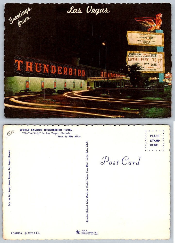 Vintage 1972 Thunderbird Hotel Las Vegas Neon Night View Postcard