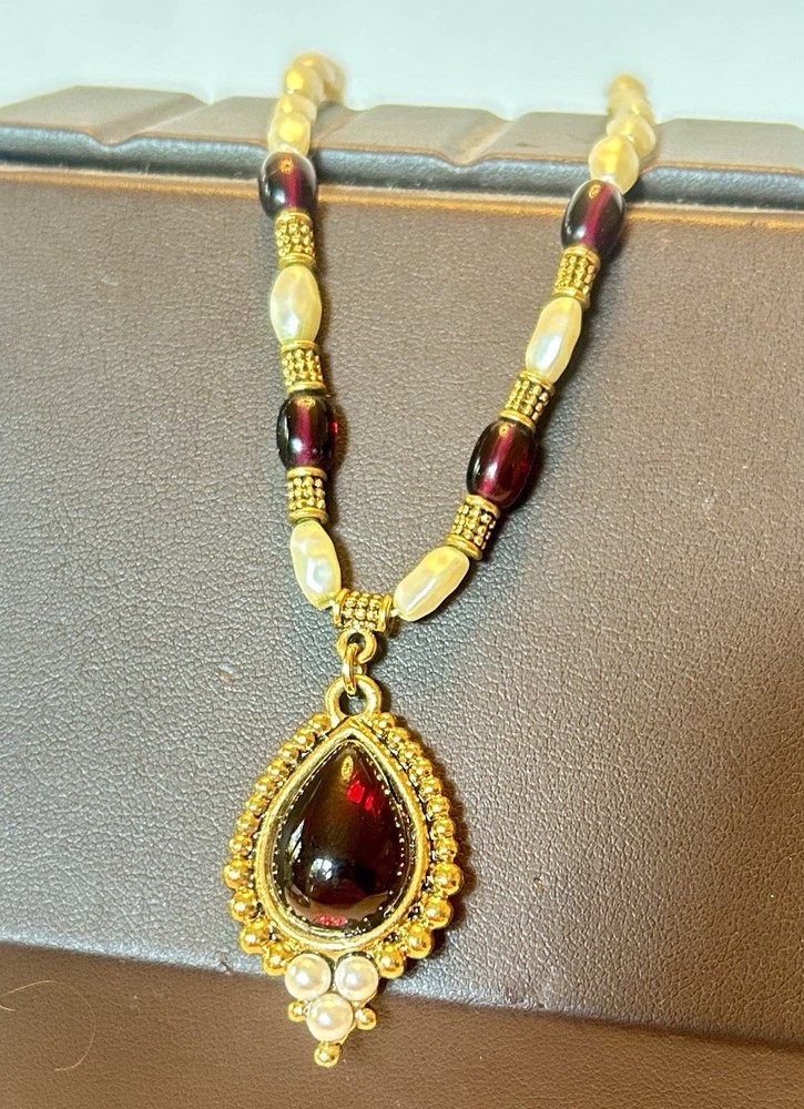 Vintage Napier Gold-tone Faux Pearl Teardrop Pendant 18” Beaded Necklace Signed