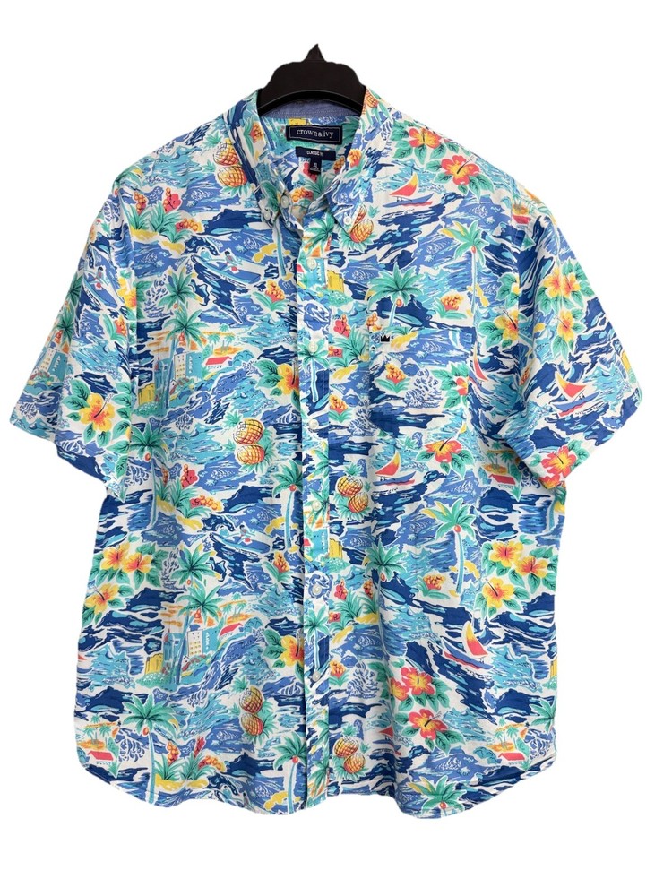 Crown & Ivy Motion Flex Button-up Shirt Men’s XL Hawaiian Print Short Sleeve