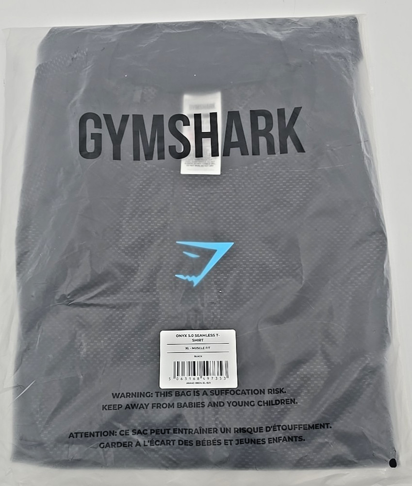 Gymshark Onyx 5.0 Seamless T-Shirt - Black/Onyx Grey Blue Shark Logo IN HAND XL