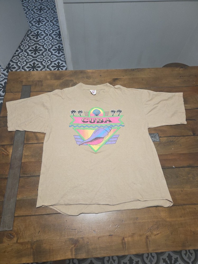 Vtg 90s CUBA Beach Vacation T-Shirt XL Tan Neon Single Stitch Souvenir Rare