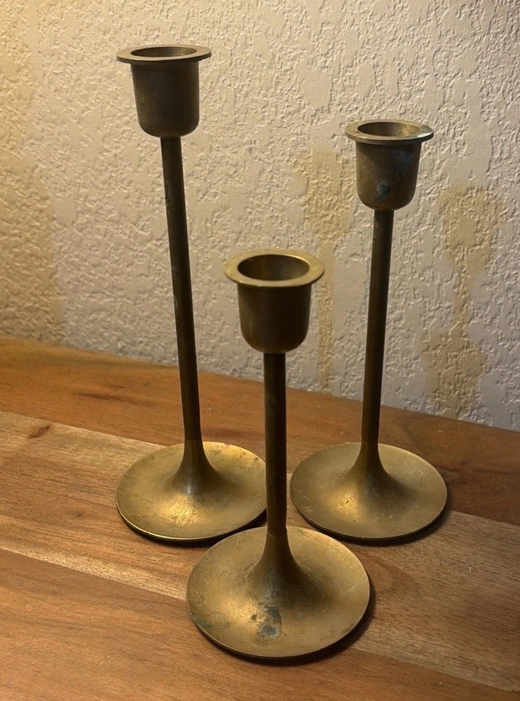Vintage Brass Taper Candle Holders Set of 3 Graduated Sizes Read