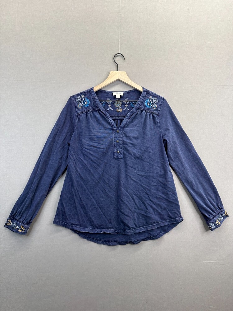 Style&Co Womens Blue Blouse Floral Button Long Sleeve V-Neck Size Medium