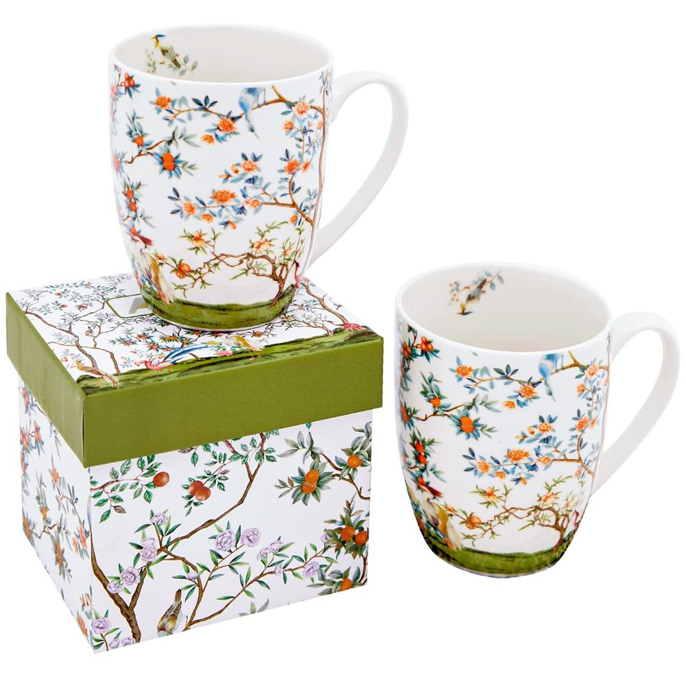 ALYC Fine China Coffee Mug Set – Bird and Branch Flower Teacup Design – 2Pack