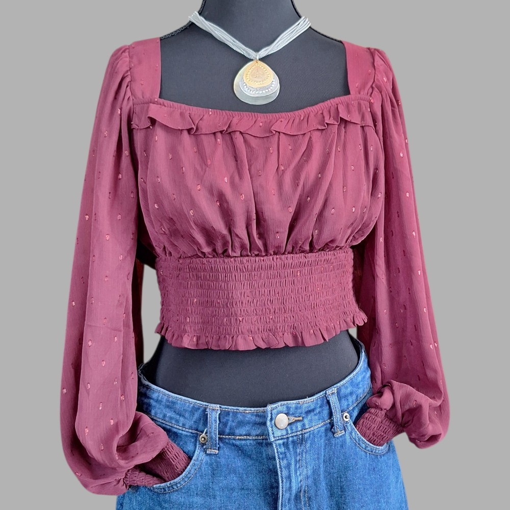 Altar'd State Burgundy Boho Smocked Crop Top Womens M Long Sleeve Peasant
