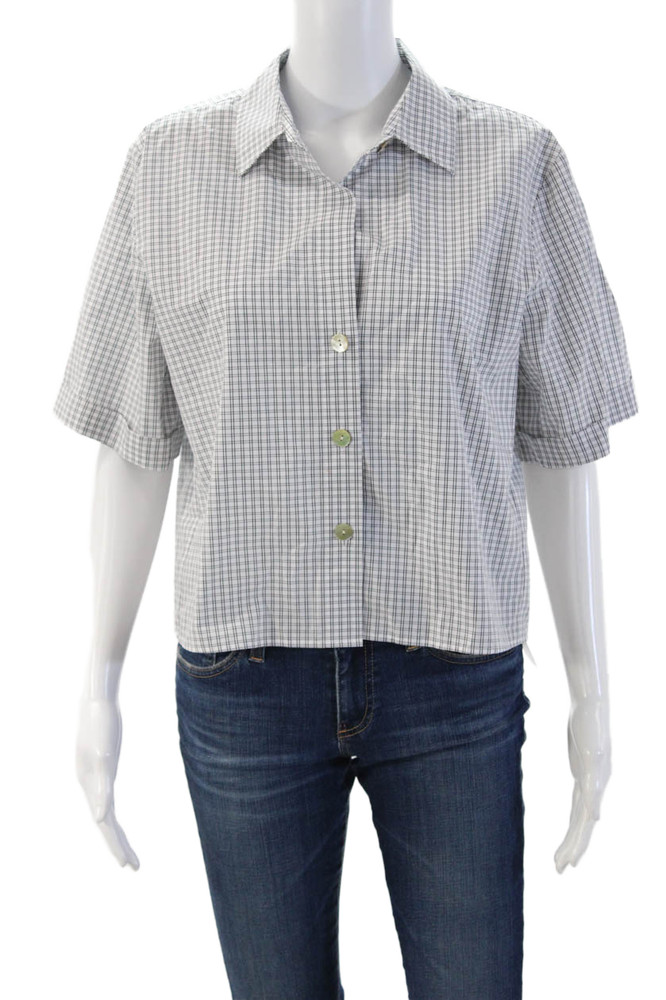 Vince Womens Cropped Button-Up Collared Short Sleeve White Cotton Check Size XSFree Shipping in US $100+ Orders | $6.95 Orders Below