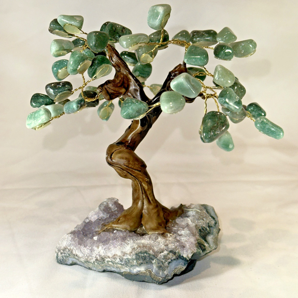 Green Aventurine Crystal Gemstone Bonsai Tree of Life Chakra on Amethyst Base 6