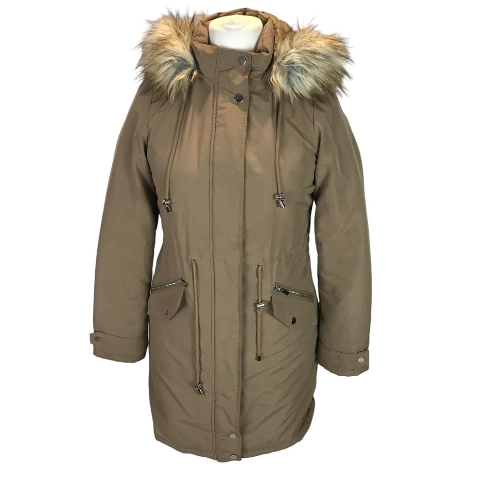 By Very Ladies Parka Jacket Coat Beige Size 8 Padded Faux Fur Trim Hood Casual