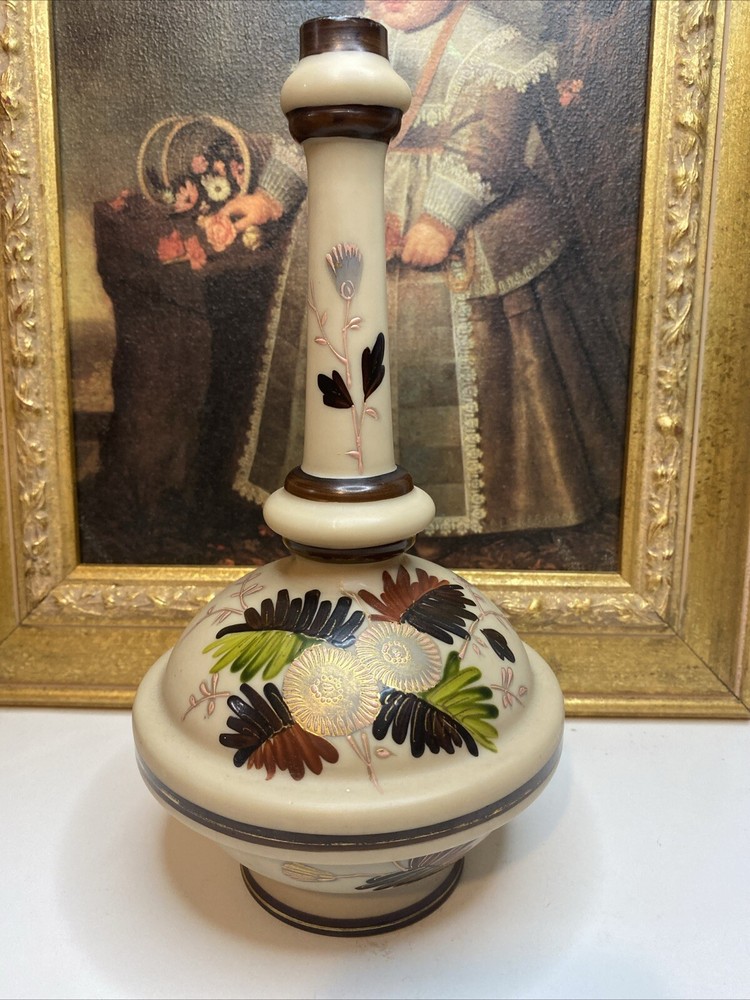 Victorian Caramel Glass Vase with Gold Brown Floral  Hand painted 9.5”H