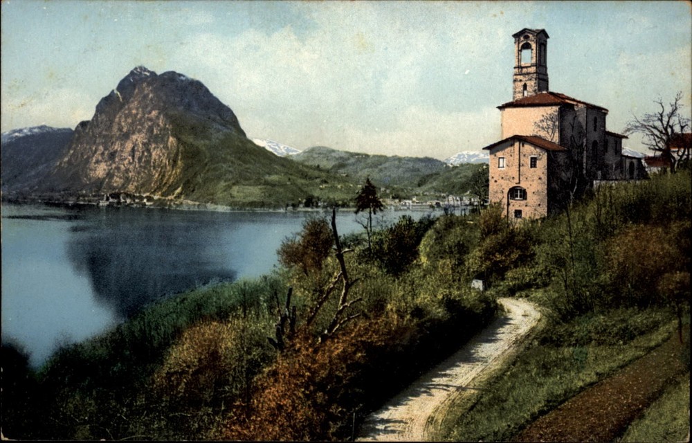 Castagnola Church Monte Salvatore Lago di Lugano vintage postcard c129