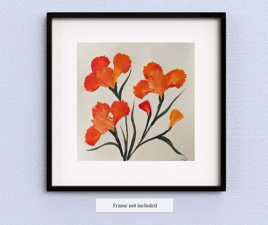 Iris Flowers Orange Floral Art Acrylic 8x8” Paper Impressionist VLP Original
