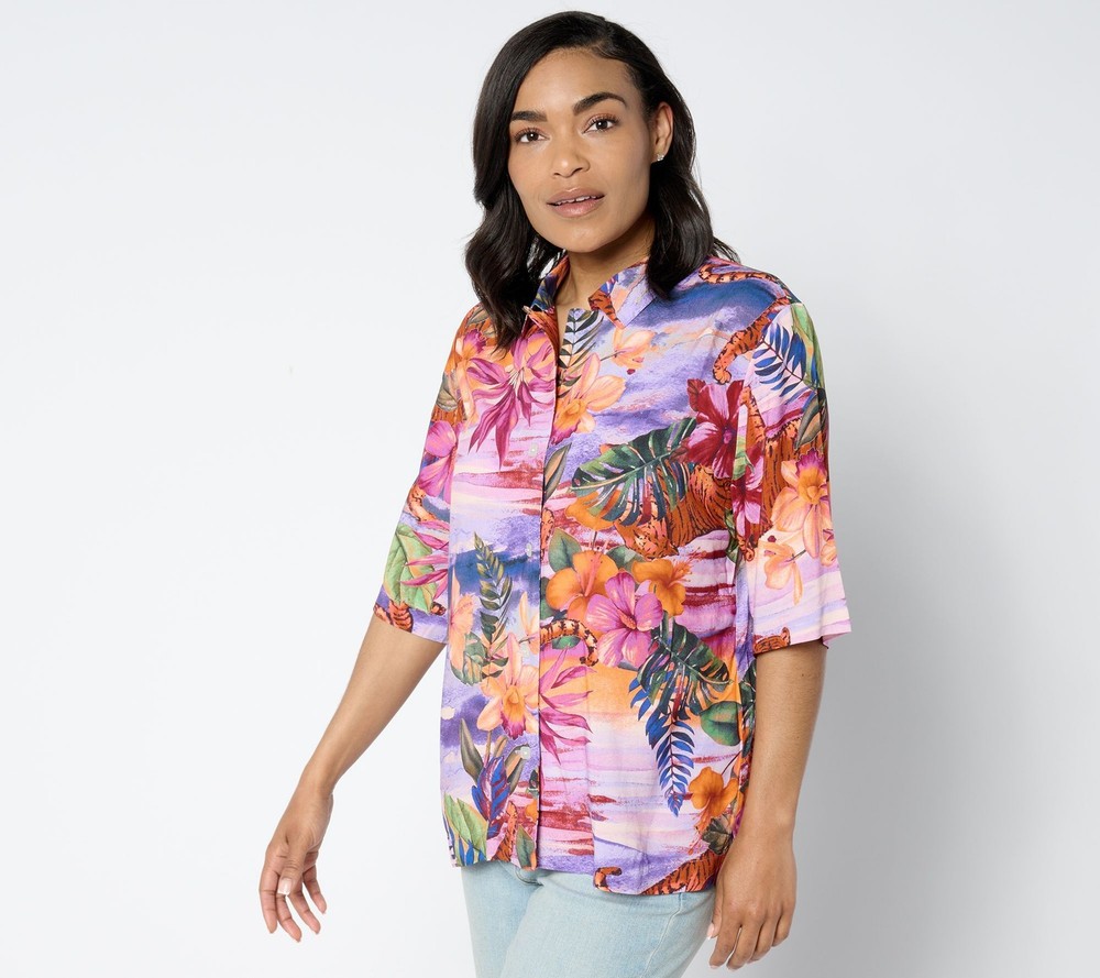 Women Control Women's Top Sz L Printed Woven Cabana Shirt Multi-colored A648362