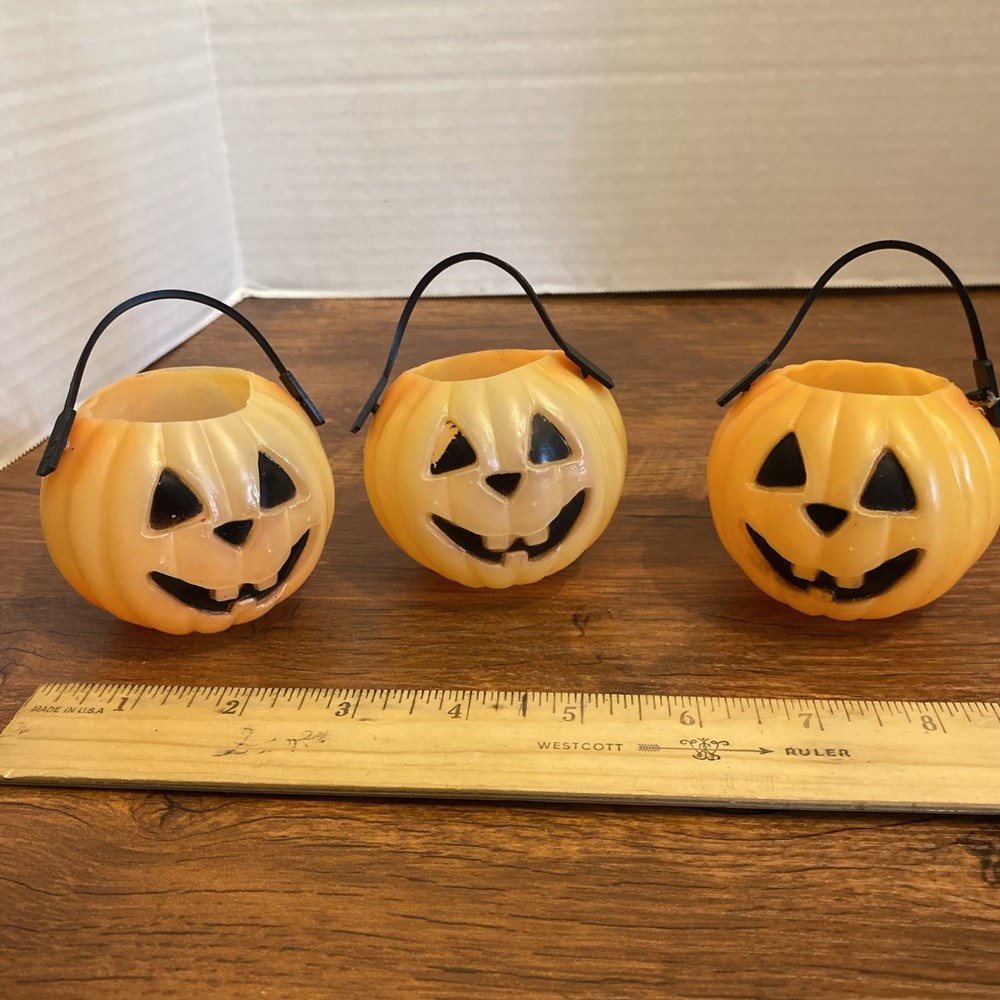 Vintage Mini Jack O Lantern Pumpkin Blow Mold Candy Bucket Pail With Handle 3 In
