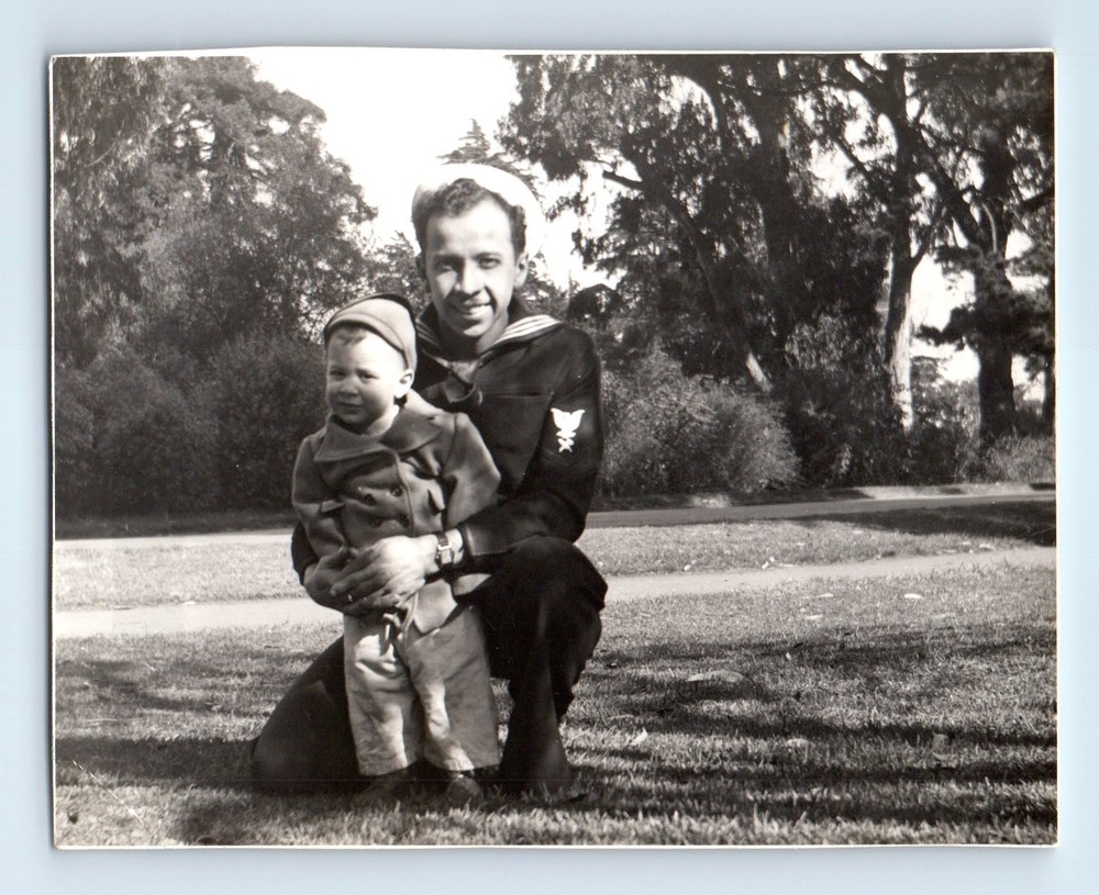 Old Vintage Photo NAVY SAILOR MAN AND BOY IN YARD FOUND PHOTOGRAPH SNAPSHOT