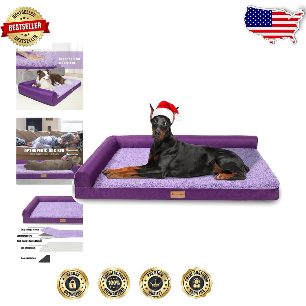 Ортопедическая большая кровать для собаки 56 x 40 дюймов - водонепроницаемый L-образный диван для питомца фиолетовый